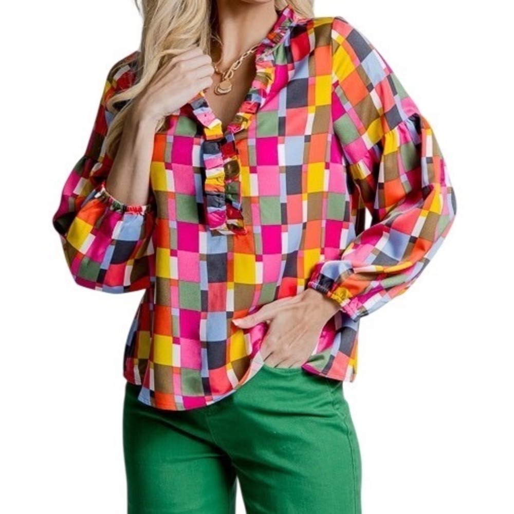 Michelle McDowell Ruffle Neck Blouse Women S‎ Multicolor NEW Patchwork Geometric